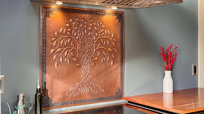 Brown Tree of Life Copper Backsplash | Rustic Handmade Farmhouse Copper Kitchen Wall Art - Natuross