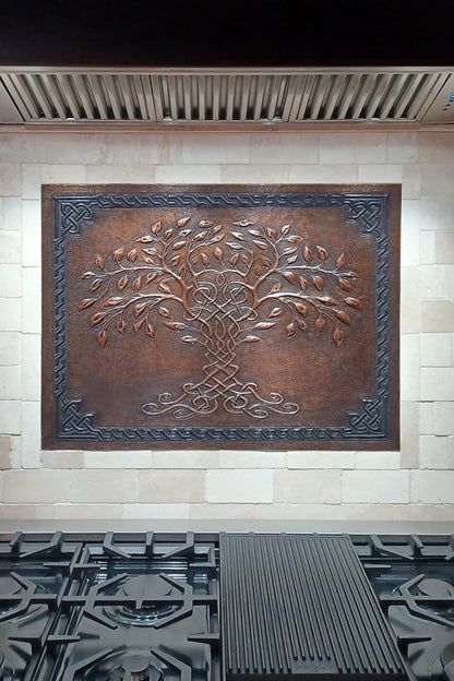 Brown Tree of Life Copper Backsplash | Rustic Handmade Farmhouse Copper Kitchen Wall Art - Natuross