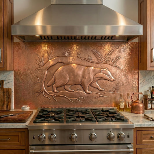 Handmade copper kitchen backsplash featuring a badger beneath exposed woodland roots and forest ferns. Custom wildlife wall decor for cabins, lodges, country homes, and nature-inspired kitchens.