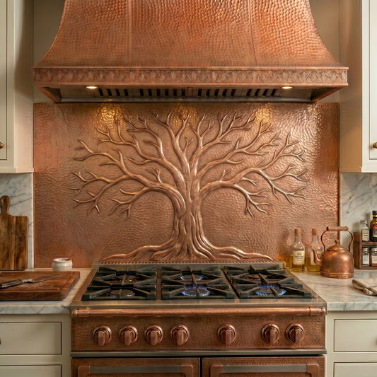 Handmade Bare Winter Tree copper kitchen backsplash featuring sculpted branches, exposed roots, and a hammered copper background. Custom sizes available for rustic, woodland, lodge, farmhouse, and nature-inspired kitchens.