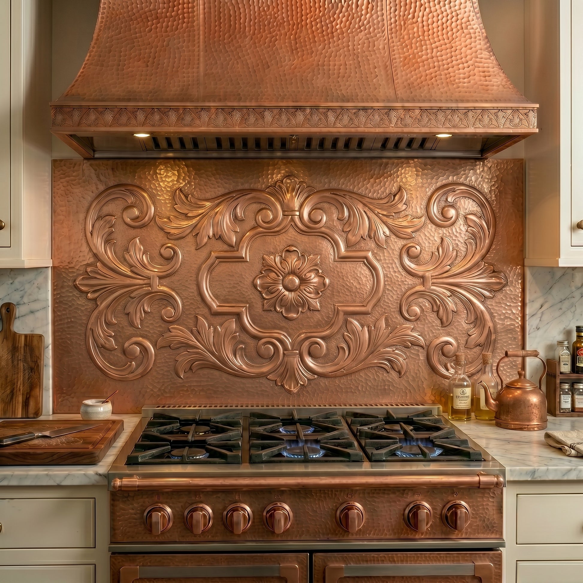 Handmade Baroque Style Copper Kitchen Backsplash featuring elaborate scrollwork, acanthus leaves, and luxurious classical ornamentation. Crafted from real copper with custom sizes available for elegant kitchens, traditional homes, and grand interiors.