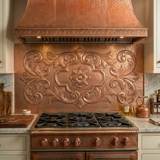 Handmade Baroque Style Copper Kitchen Backsplash featuring elaborate scrollwork, acanthus leaves, and luxurious classical ornamentation. Crafted from real copper with custom sizes available for elegant kitchens, traditional homes, and grand interiors.