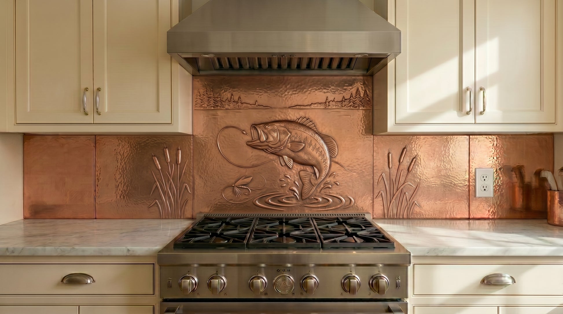 Handmade copper kitchen backsplash featuring a largemouth bass fishing scene. Real copper stove backsplash handcrafted for lake houses, cabins, lodges, and outdoor-inspired kitchens. Custom sizes and finishes available.