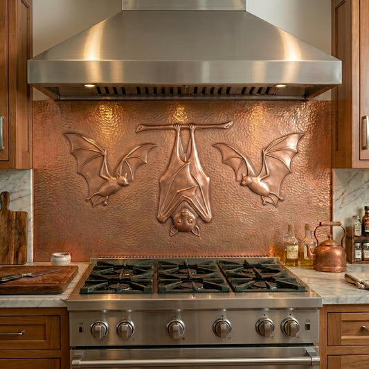Handmade Bat Colony copper kitchen backsplash for behind the stove. Cave and nocturnal wildlife wall decor featuring a colony of bats in flight and at rest, creating a striking focal point for gothic, rustic, nature-inspired, and wildlife-themed kitchens.