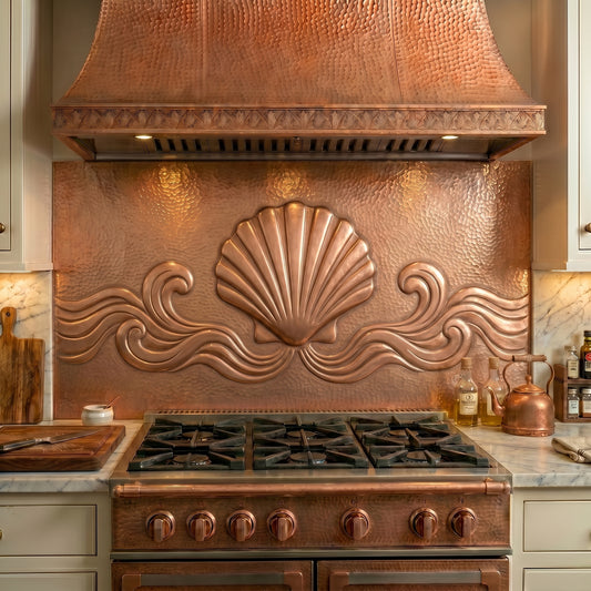 Handmade Beach House Style Copper Kitchen Backsplash featuring an elegant seashell and flowing ocean waves. Crafted from real copper with custom sizes available for coastal kitchens, beach homes, waterfront cottages, and seaside retreats.