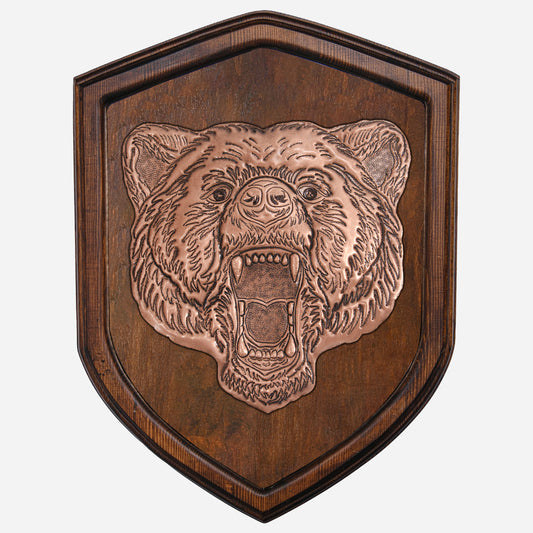 Copper Bear Head on Wood Plaque