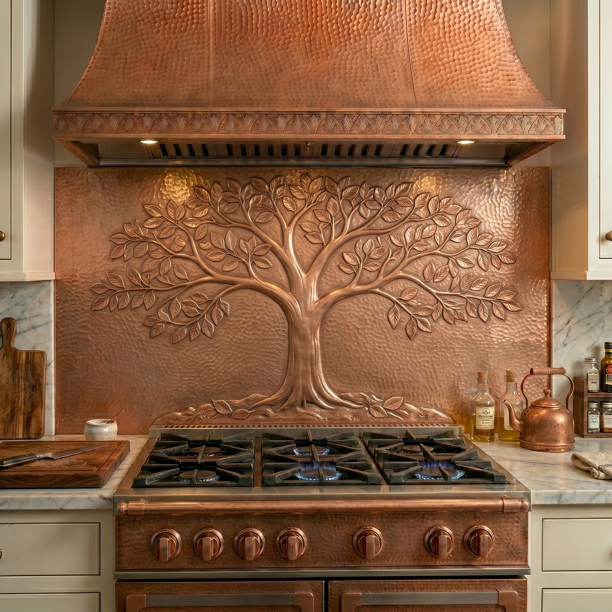 Handmade copper kitchen backsplash featuring a beech tree. Real copper wall decor for kitchens, fireplaces, feature walls, dining rooms, outdoor kitchens, and custom full-wall backsplash designs.