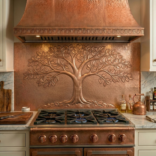Handmade copper kitchen backsplash featuring a beech tree. Real copper wall decor for kitchens, fireplaces, feature walls, dining rooms, outdoor kitchens, and custom full-wall backsplash designs.