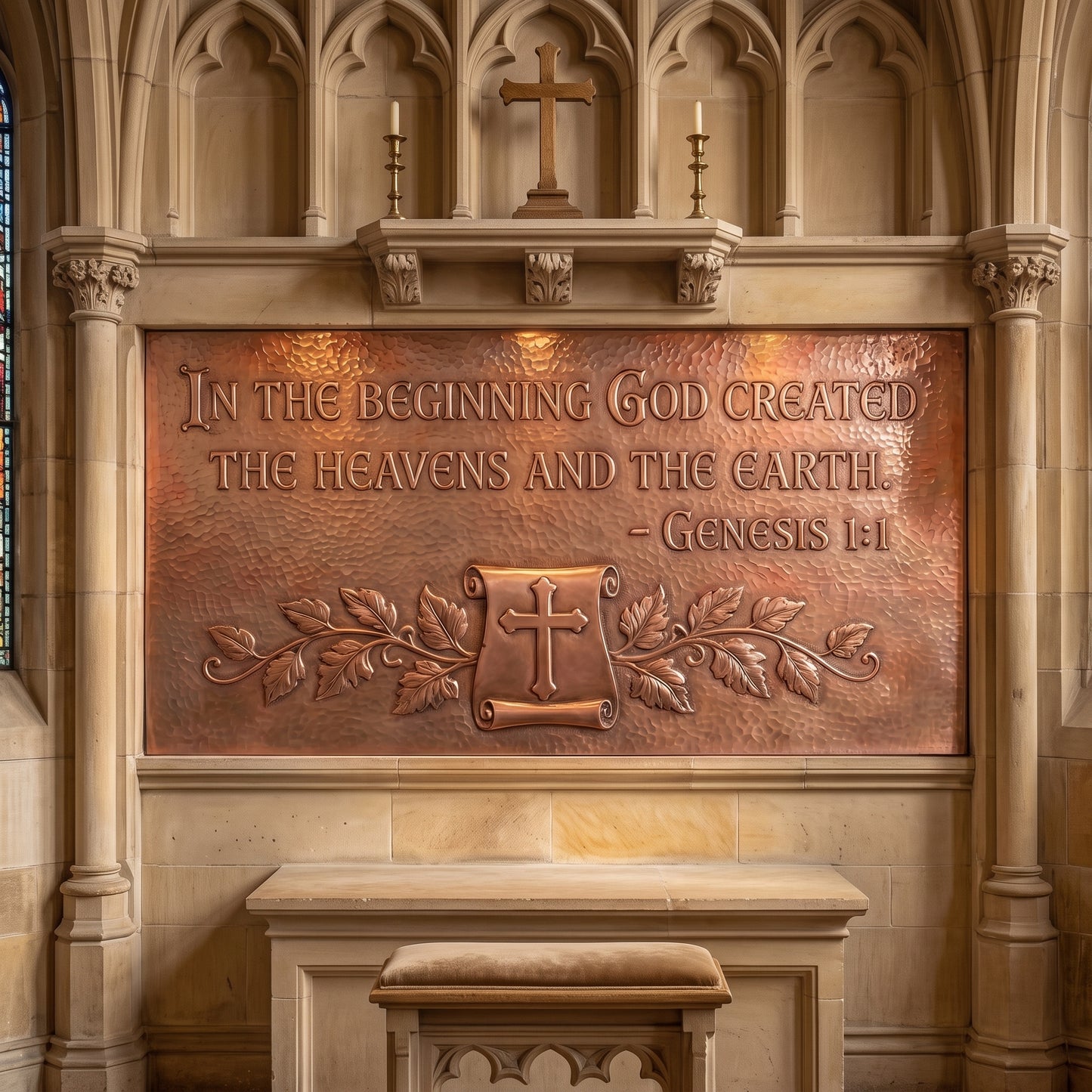 Hand-hammered Bible verse wall art made from real copper, displayed on a stone wall inside a church and featuring Genesis 1:1 in raised copper lettering with a Christian cross on a scroll, decorative leaves, and a textured hammered copper background.