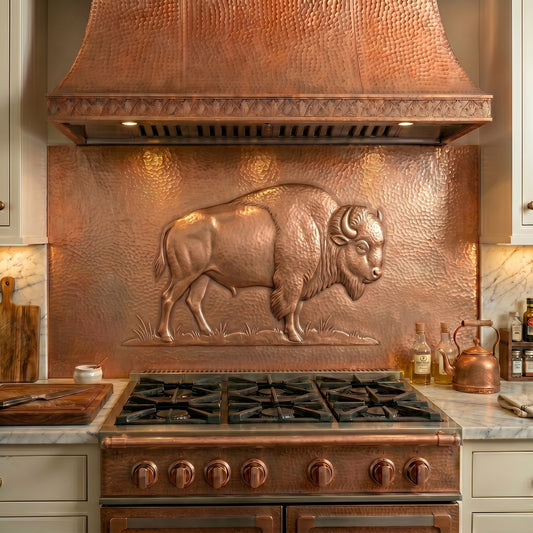 Handmade Bison copper kitchen backsplash for behind the stove. Western wildlife wall decor featuring a majestic American bison, creating a striking focal point for ranch, lodge, farmhouse, prairie, and rustic kitchens.