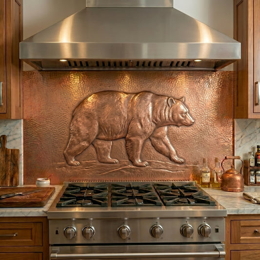 Handmade Black Bear copper kitchen backsplash for behind the stove. Wildlife wall decor featuring a powerful black bear walking through the wilderness, creating a striking focal point for rustic, cabin, lodge, mountain, and nature-inspired kitchens.