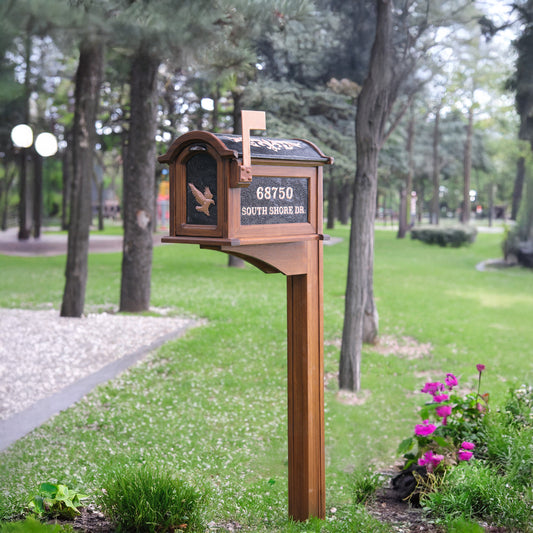 Post-Mount Copper Mailbox – Handmade Wooden Mailbox Wrapped in Embossed Copper – Lockable Outdoor Mailbox with Rustic & Modern Design – Weatherproof & Customizable