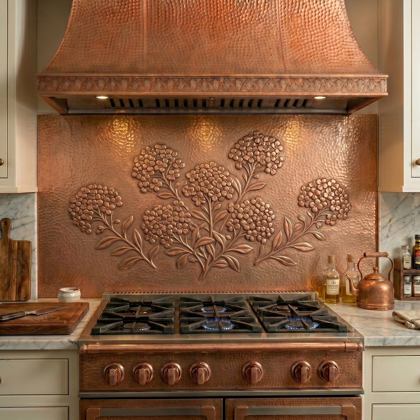 Handmade copper kitchen backsplash featuring elegant blooming garden flowers and botanical details. Available as a custom copper stove backsplash panel or complete kitchen backsplash system in custom sizes and finishes.