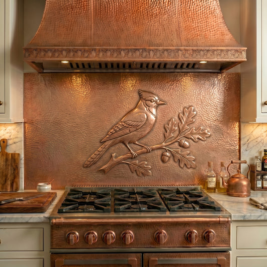 Handmade Blue Jay copper kitchen backsplash behind the stove. Songbird wall decor featuring a perched blue jay resting among oak leaves and acorns, creating a beautiful focal point for farmhouse, cottage, woodland, and nature-inspired kitchens.