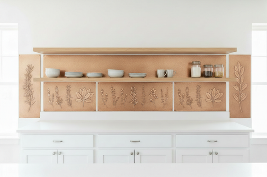 Three copper panels behind floating wood open shelves in white kitchen — botanical herb garden with rosemary, lavender, thyme and sage in repoussé relief on wide center panel, single herb sprig on each side panel, warm copper tone, fine stipple background, white shaker lower cabinets, white quartz countertop