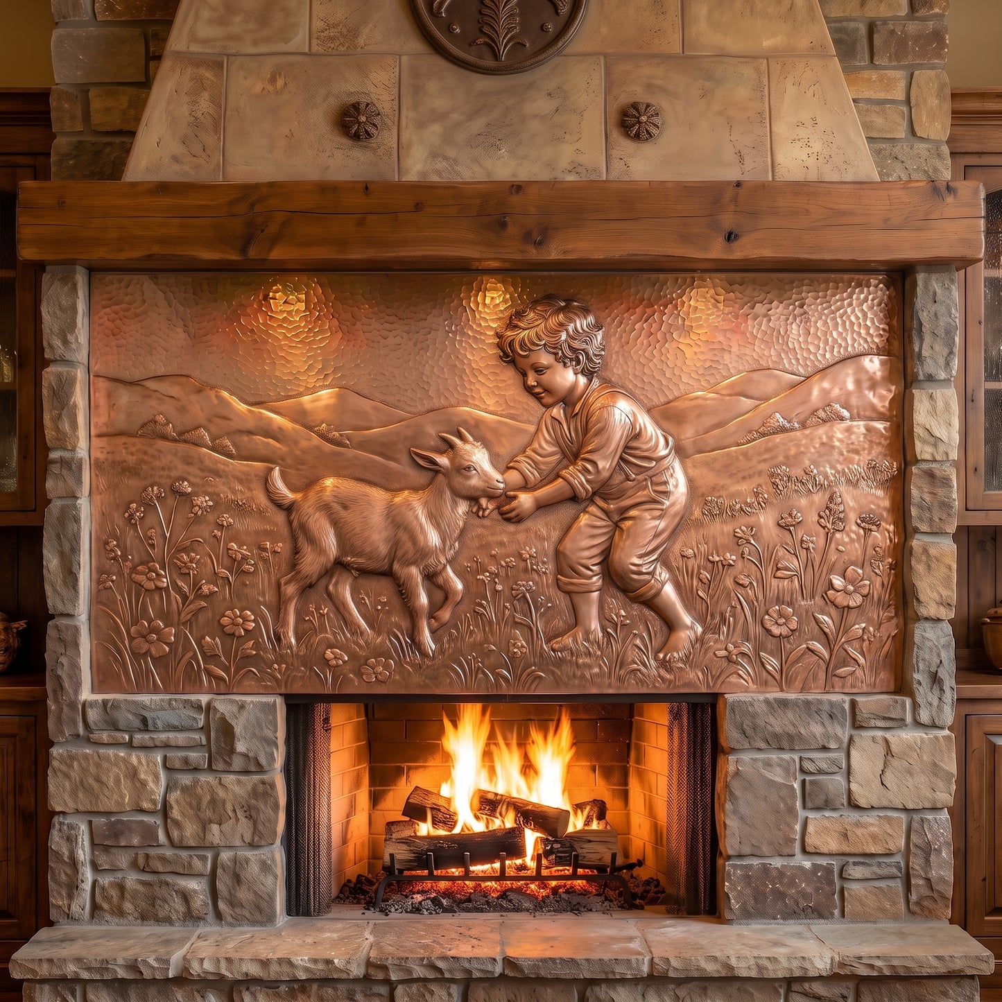 A large copper fireplace insert featuring a sculpted relief of a child feeding a goat, mounted on a stone fireplace with a visible fire burning below.