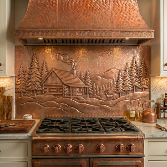 Handmade Cabin Style Copper Kitchen Backsplash featuring a log cabin, pine forest, mountains, and woodland scenery. Crafted from real copper with custom sizes available for rustic kitchens, lodges, cabins, and mountain homes.