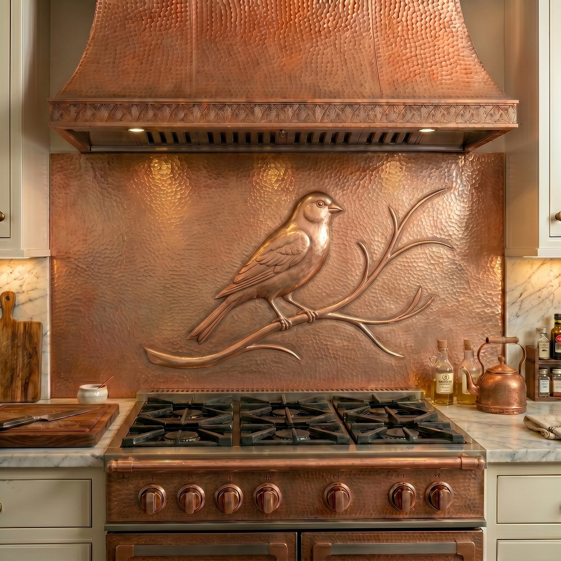 Handmade Canary copper kitchen backsplash behind the stove. Elegant songbird wall decor featuring a perched canary resting on a graceful branch, creating a warm focal point for cottage, farmhouse, traditional, and nature-inspired kitchens.
