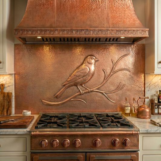 Handmade Canary copper kitchen backsplash behind the stove. Elegant songbird wall decor featuring a perched canary resting on a graceful branch, creating a warm focal point for cottage, farmhouse, traditional, and nature-inspired kitchens.