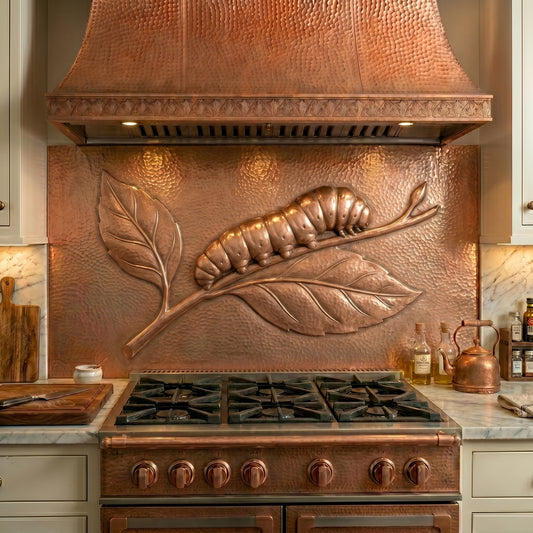 Handmade Caterpillar copper kitchen backsplash behind the stove. Nature-inspired wall decor featuring a peaceful caterpillar resting on leafy branches, perfect for garden kitchens, cottage homes, nature lovers, and botanical interiors.