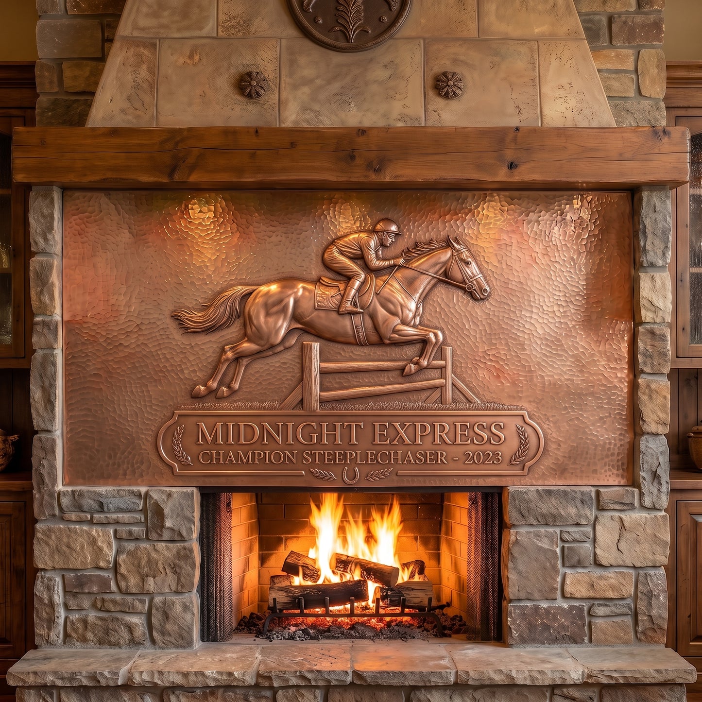 Personalized champion steeplechase horse plaque in copper featuring a racehorse and jockey jumping a steeplechase fence in raised relief, with Midnight Express and Champion Steeplechaser 2023 lettering, displayed above a stone fireplace.
