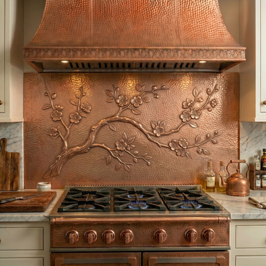 Handmade copper kitchen backsplash featuring a graceful cherry blossom branch in full bloom. Inspired by Japanese sakura trees, this elegant copper wall art brings a sense of beauty, renewal, and tranquility to kitchens, fireplaces, dining rooms, and other living spaces.
