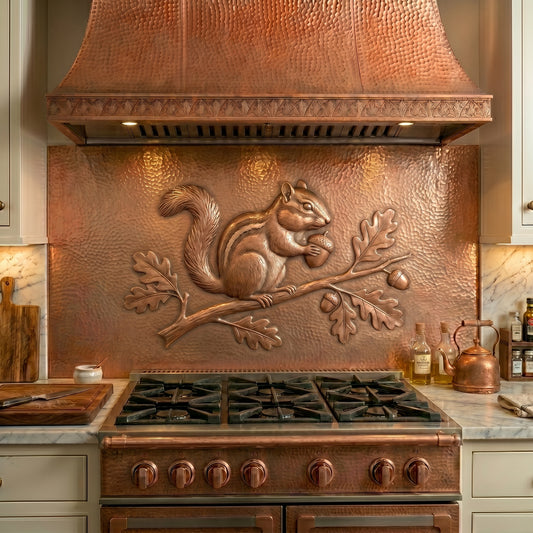 Handmade Chipmunk copper kitchen backsplash behind the stove. Woodland-inspired wall decor featuring a charming chipmunk gathering acorns among oak branches, perfect for rustic homes, cabin kitchens, nature lovers, and warm country interiors.