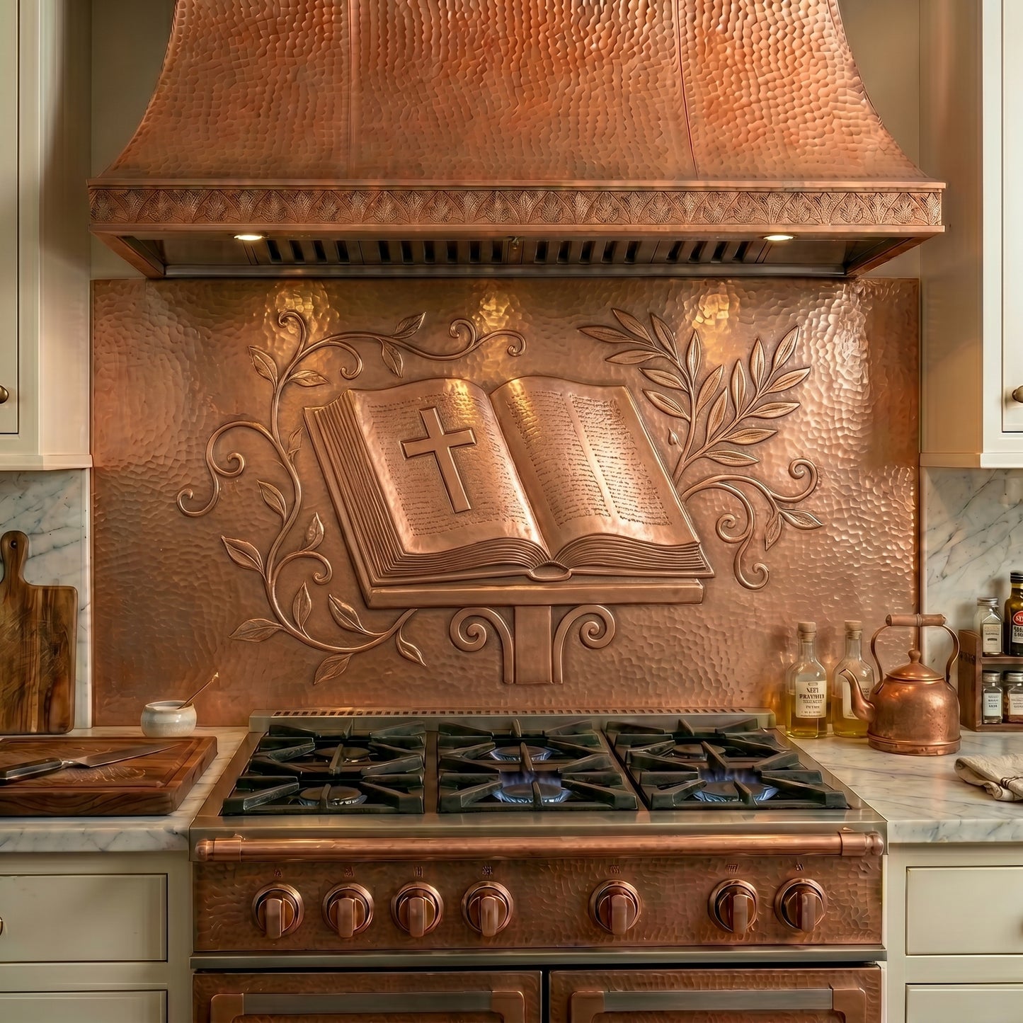 Handcrafted Christian copper stove backsplash featuring an open Bible, Cross, and decorative vine details in repoussé copper. Order a single backsplash panel behind the stove or a complete custom copper kitchen backsplash with matching side panels beneath surrounding cabinets. Available in custom sizes, finishes, and installation options.