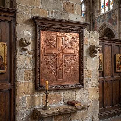 Hand-hammered Christian cross wall art made from real copper, displayed on a stone wall inside a church and featuring a large raised copper cross intertwined with olive branches and leaves on a textured hammered copper background.