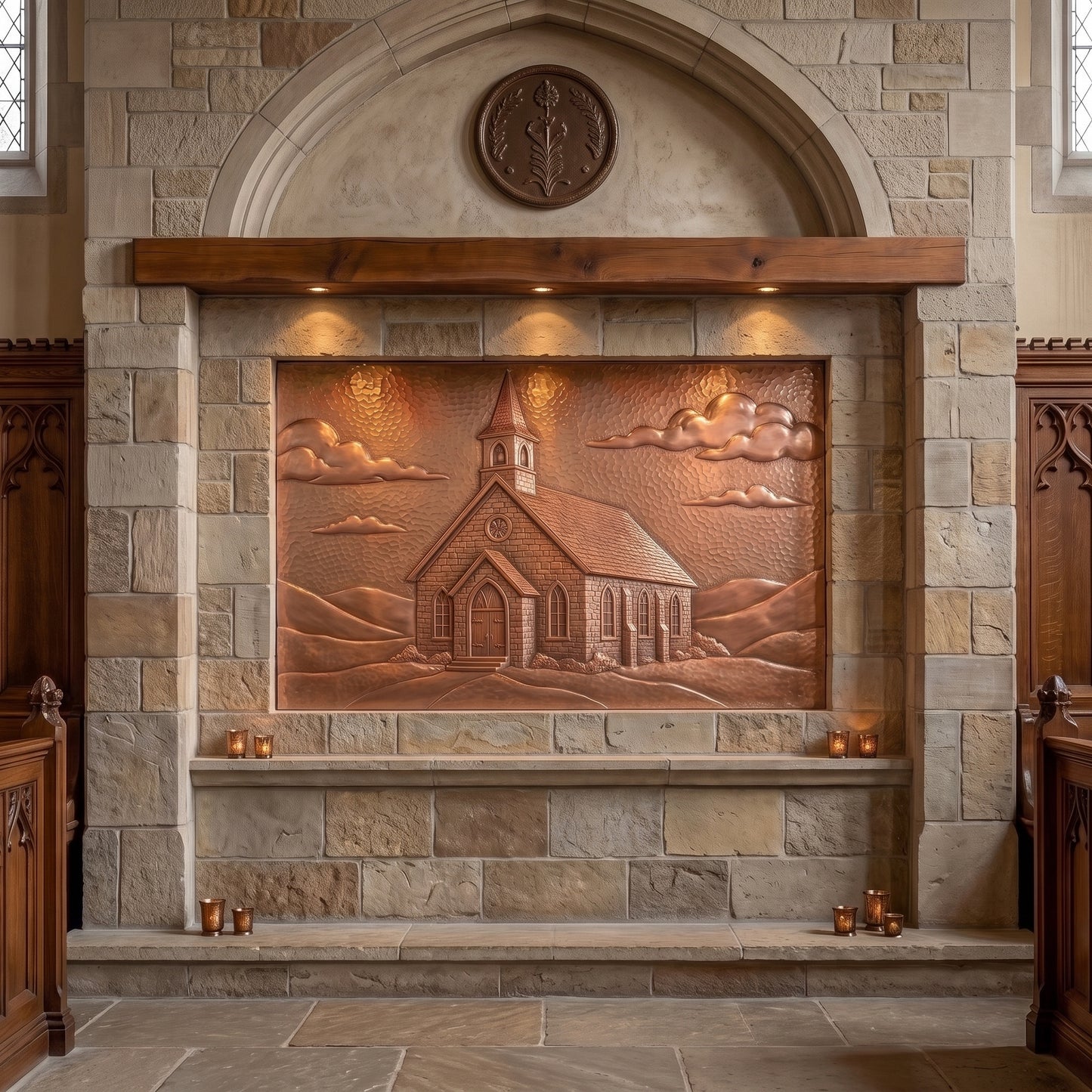 Hand-hammered church portrait made from real copper, displayed on a stone wall inside a church and featuring a traditional church with steeple, arched windows, clouds, hills, and landscape details formed in raised copper relief on a hammered copper background.