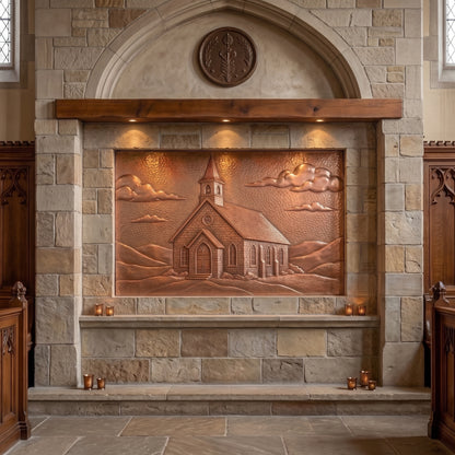 Hand-hammered church portrait made from real copper, displayed on a stone wall inside a church and featuring a traditional church with steeple, arched windows, clouds, hills, and landscape details formed in raised copper relief on a hammered copper background.