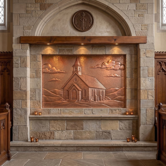 Hand-hammered church portrait made from real copper, displayed on a stone wall inside a church and featuring a traditional church with steeple, arched windows, clouds, hills, and landscape details formed in raised copper relief on a hammered copper background.
