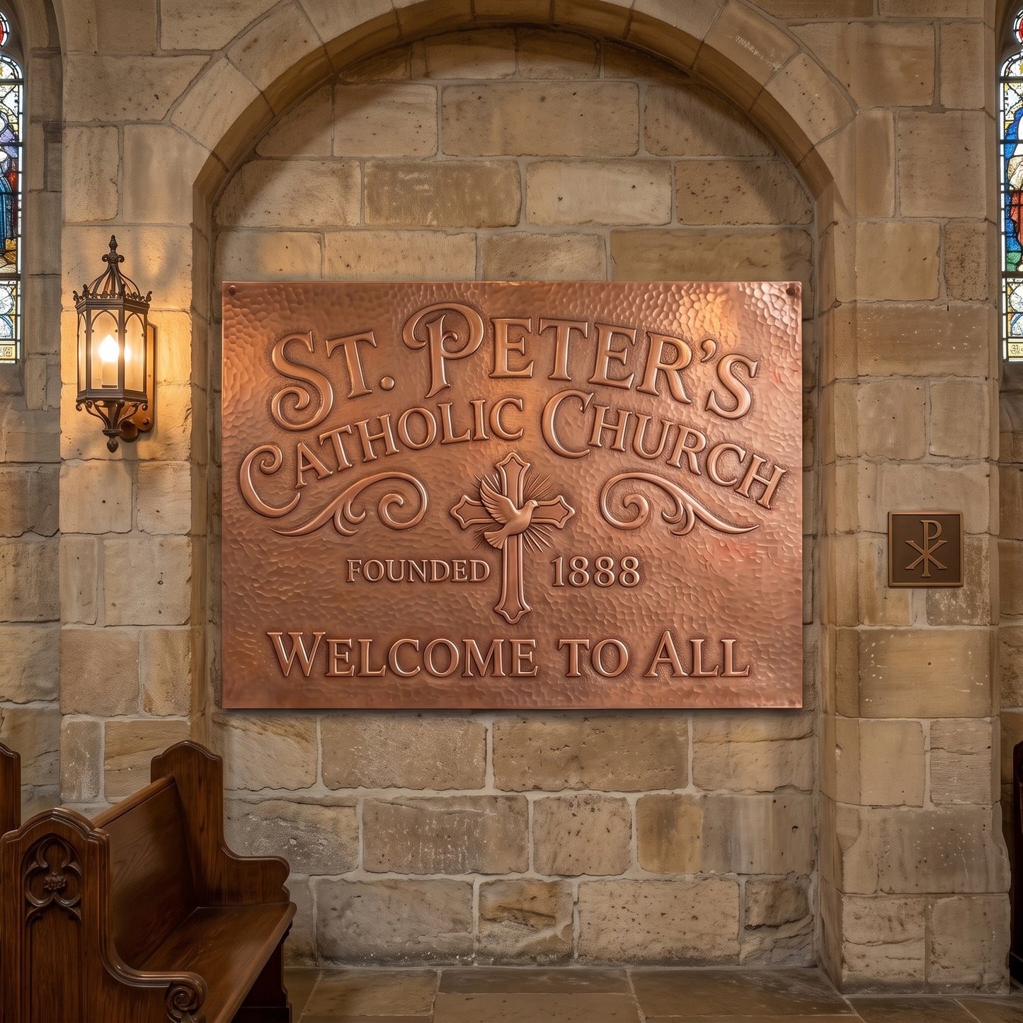 Hand-hammered custom church sign made from real copper, displayed on a stone wall inside a church and personalized with St. Peter’s Catholic Church, founded 1888, Welcome to All, a Christian cross and dove, decorative scrollwork, and raised copper lettering.