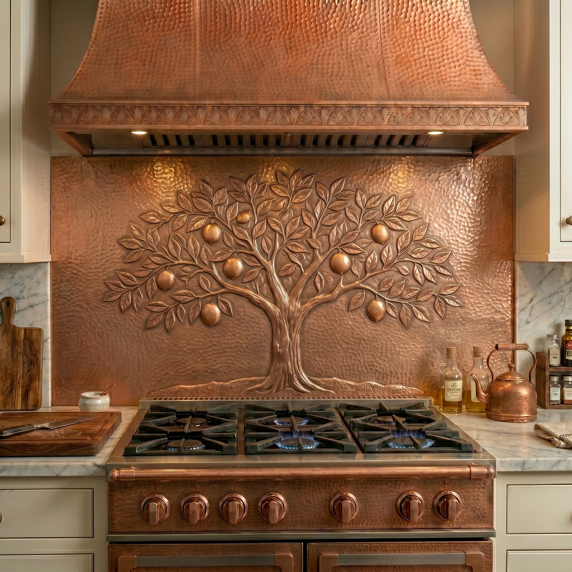 Handmade Citrus Orchard copper kitchen backsplash featuring a flourishing fruit tree with detailed leaves and citrus fruit. Crafted from real copper with custom sizes available for Mediterranean, farmhouse, garden, and nature-inspired kitchens.