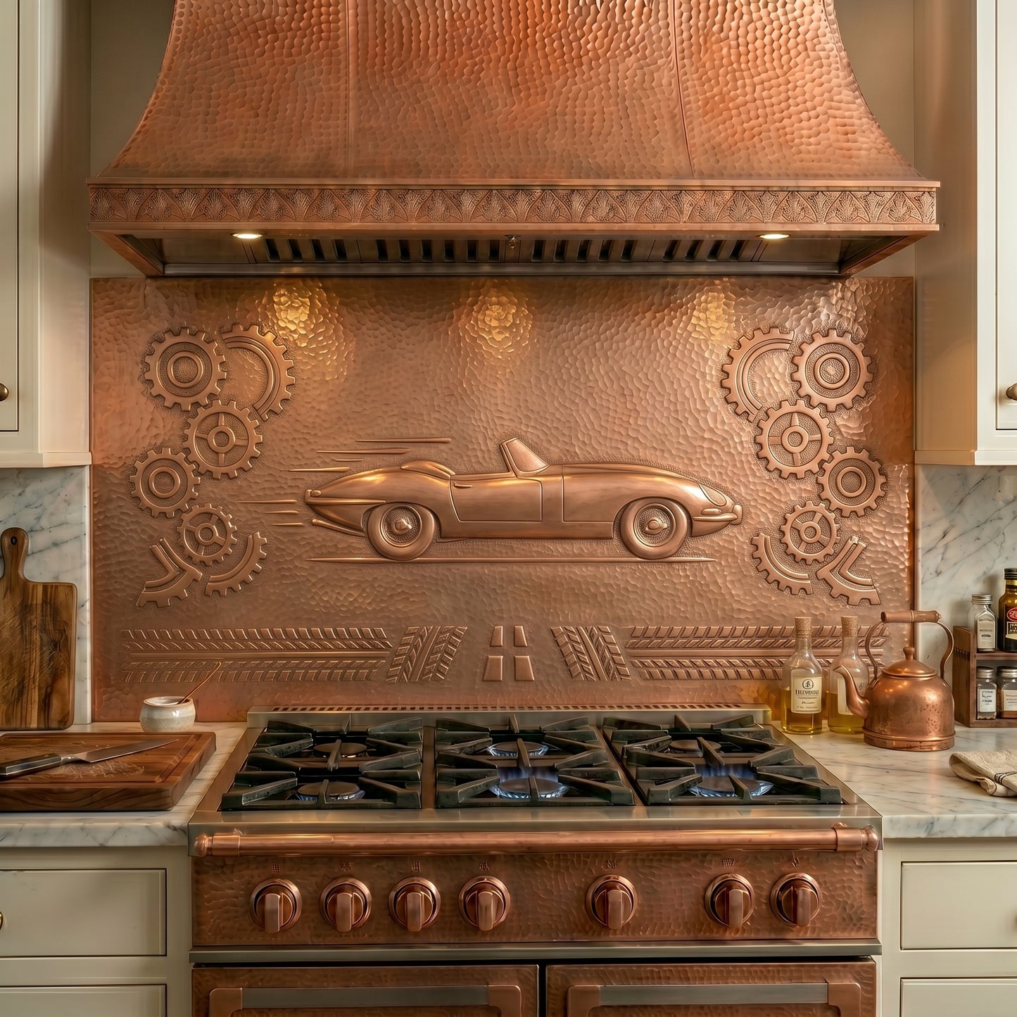 Classic sports car copper stove backsplash handcrafted from real copper. Custom automotive copper kitchen backsplash for car enthusiasts, available in custom sizes and finishes.