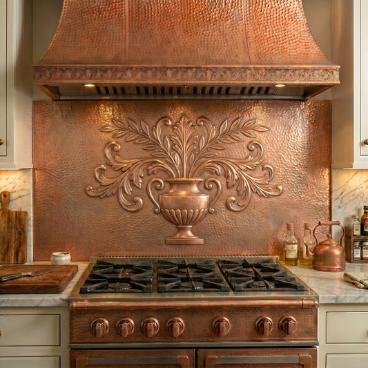 Handmade Classical Style Copper Kitchen Backsplash inspired by Greek and Roman architectural design. Crafted from real copper with custom sizes available for kitchens, fireplaces, and feature walls.