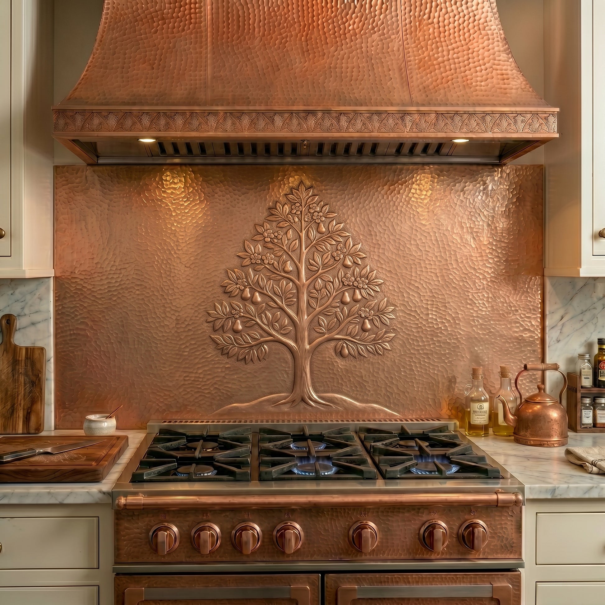 Handmade Cleveland Pear Tree copper kitchen backsplash featuring blossoms, leaves, and fruit in an elegant tree design. Crafted from real copper with custom sizes available for cottage, farmhouse, garden, and nature-inspired kitchens.