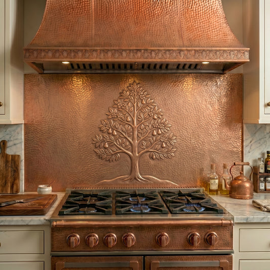 Handmade Cleveland Pear Tree copper kitchen backsplash featuring blossoms, leaves, and fruit in an elegant tree design. Crafted from real copper with custom sizes available for cottage, farmhouse, garden, and nature-inspired kitchens.