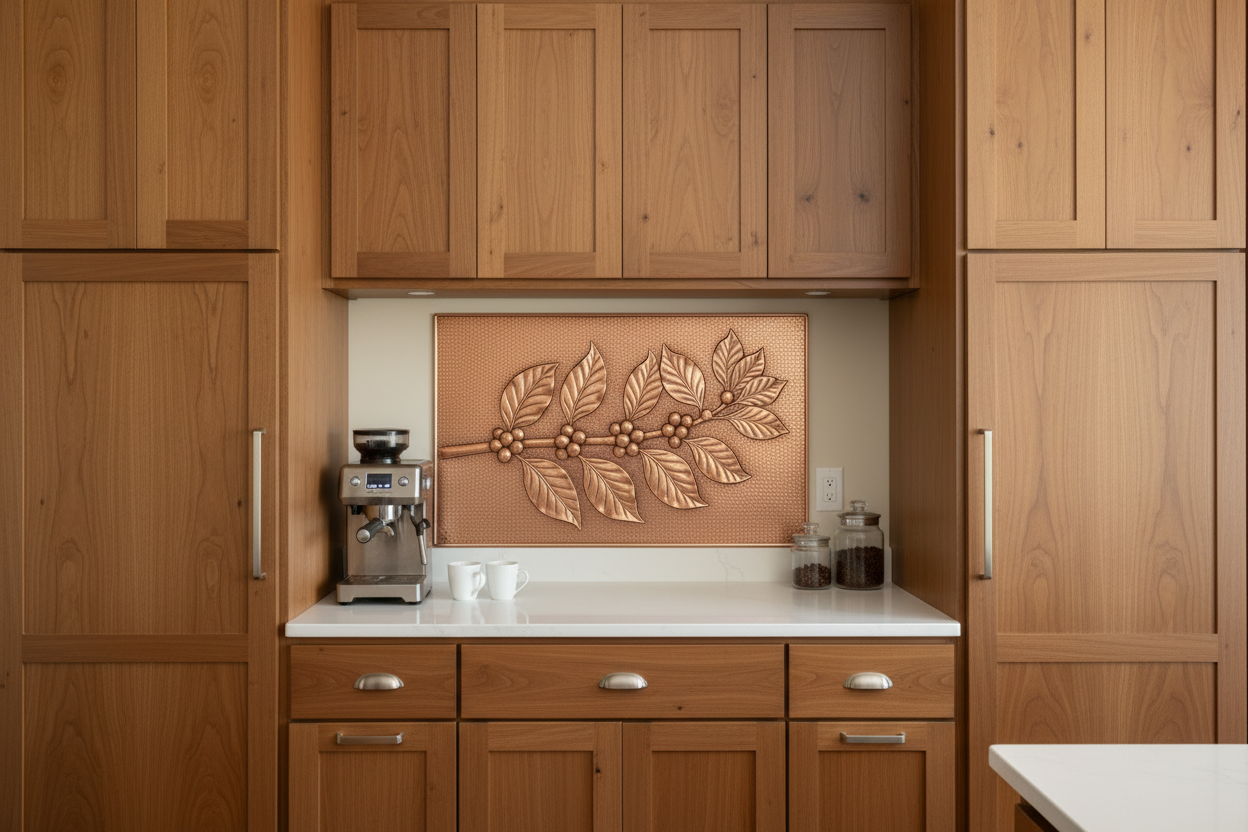 Single copper panel behind coffee machine in warm walnut wood kitchen coffee nook — Coffea arabica branch with broad oval leaves, prominent midrib veining and round coffee cherry clusters at leaf axils in repoussé relief, warm natural copper tone, fine stipple background, no frame, flush on wall