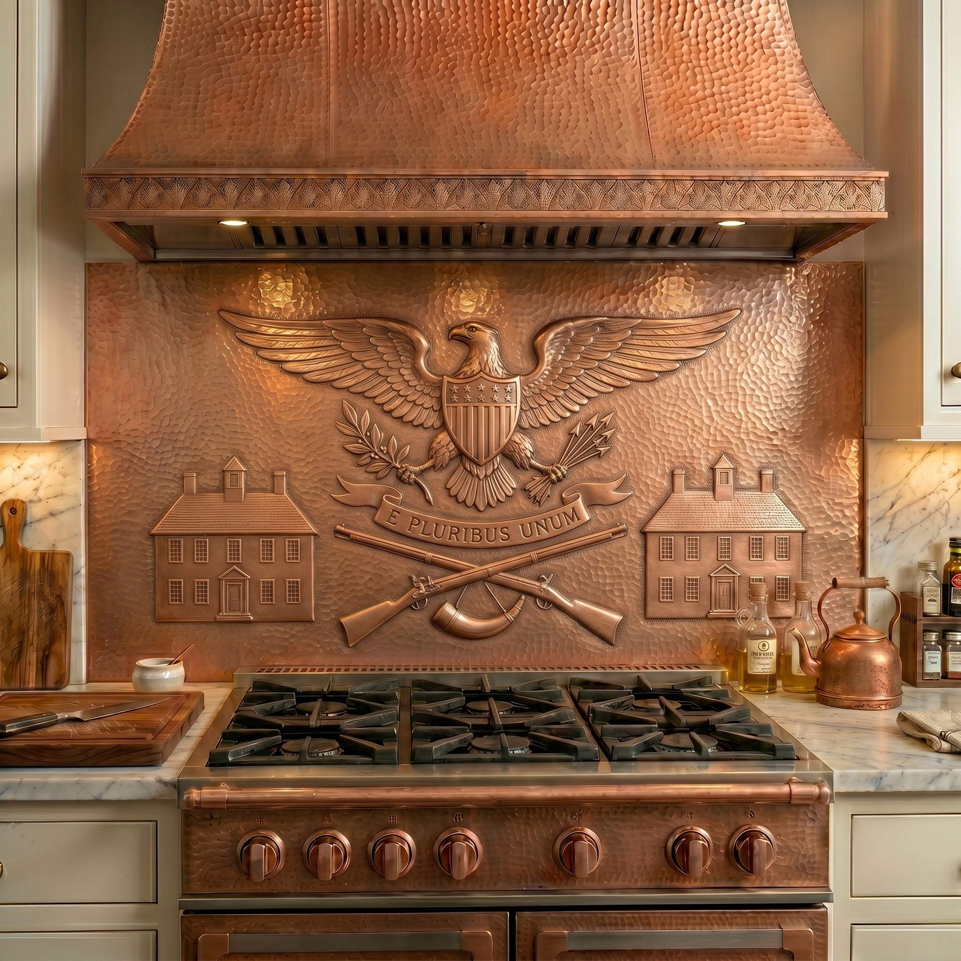 Handmade Colonial Style Copper Kitchen Backsplash featuring traditional American colonial motifs, eagle emblem, and architectural elements. Crafted from real copper with custom sizes available.