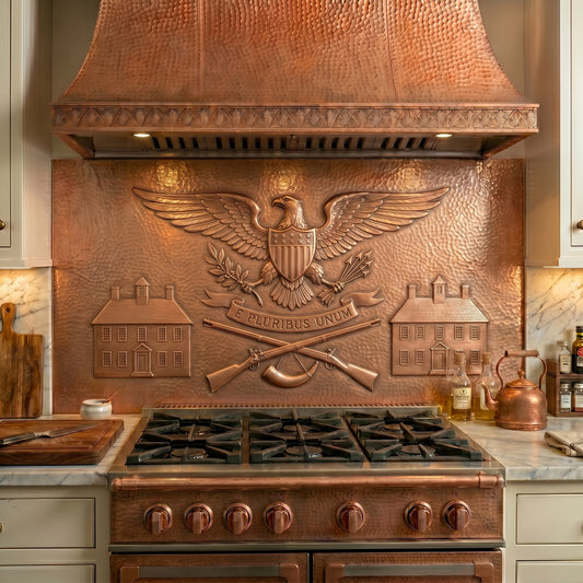 Handmade Colonial Style Copper Kitchen Backsplash featuring traditional American colonial motifs, eagle emblem, and architectural elements. Crafted from real copper with custom sizes available.