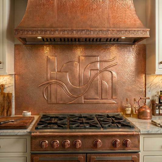 Handmade Contemporary Style Copper Kitchen Backsplash featuring elegant geometric forms and flowing modern lines. Crafted from real copper with custom sizes available for kitchens, fireplaces, and feature walls.