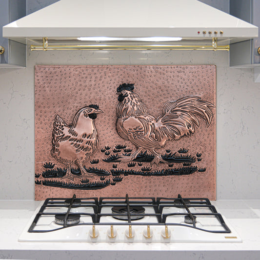Farmhouse Kitchen Backsplash Tile - Copper Rooster & Chicken - Copper & Black