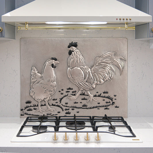 Farmhouse Kitchen Backsplash Tile - Copper Rooster & Chicken - Gray & Black