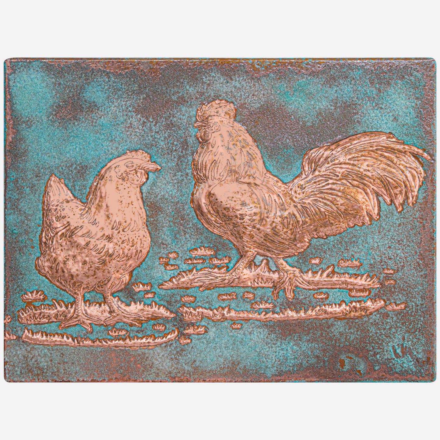 Farmhouse Kitchen Backsplash Tile - Copper Rooster & Chicken - Green Patina