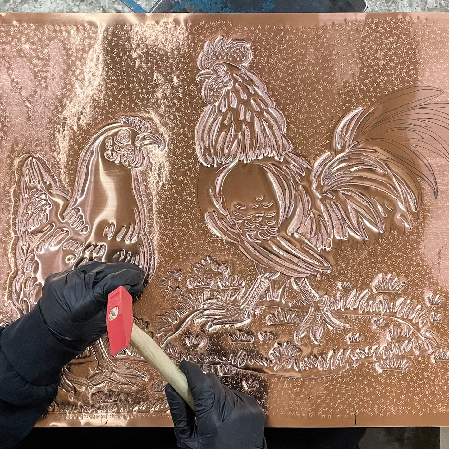 Farmhouse Kitchen Backsplash Tile - Copper Rooster & Chicken - Green Patina