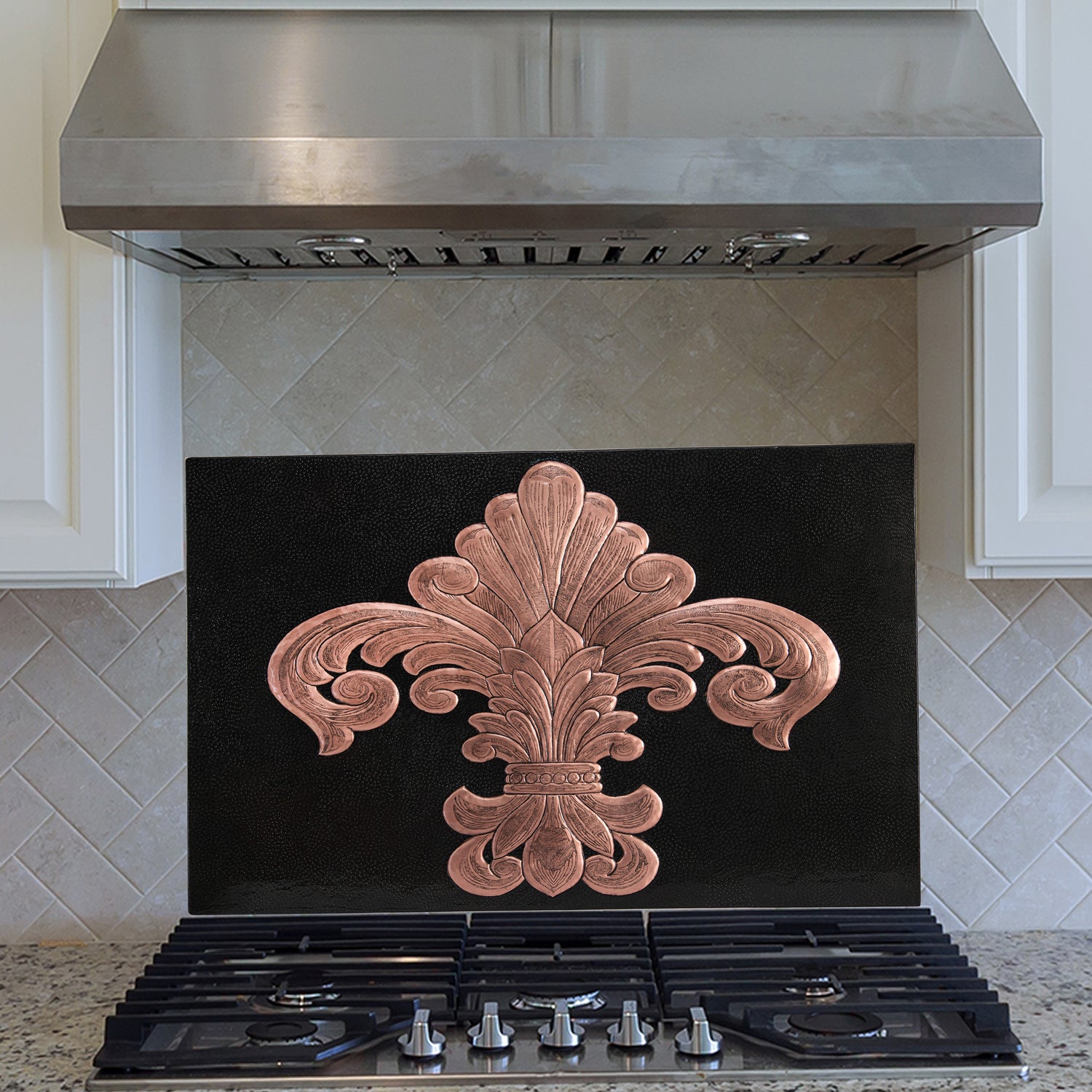 French Country Kitchen Backsplash Tile - Copper Fleur De Lys - Black - Natuross