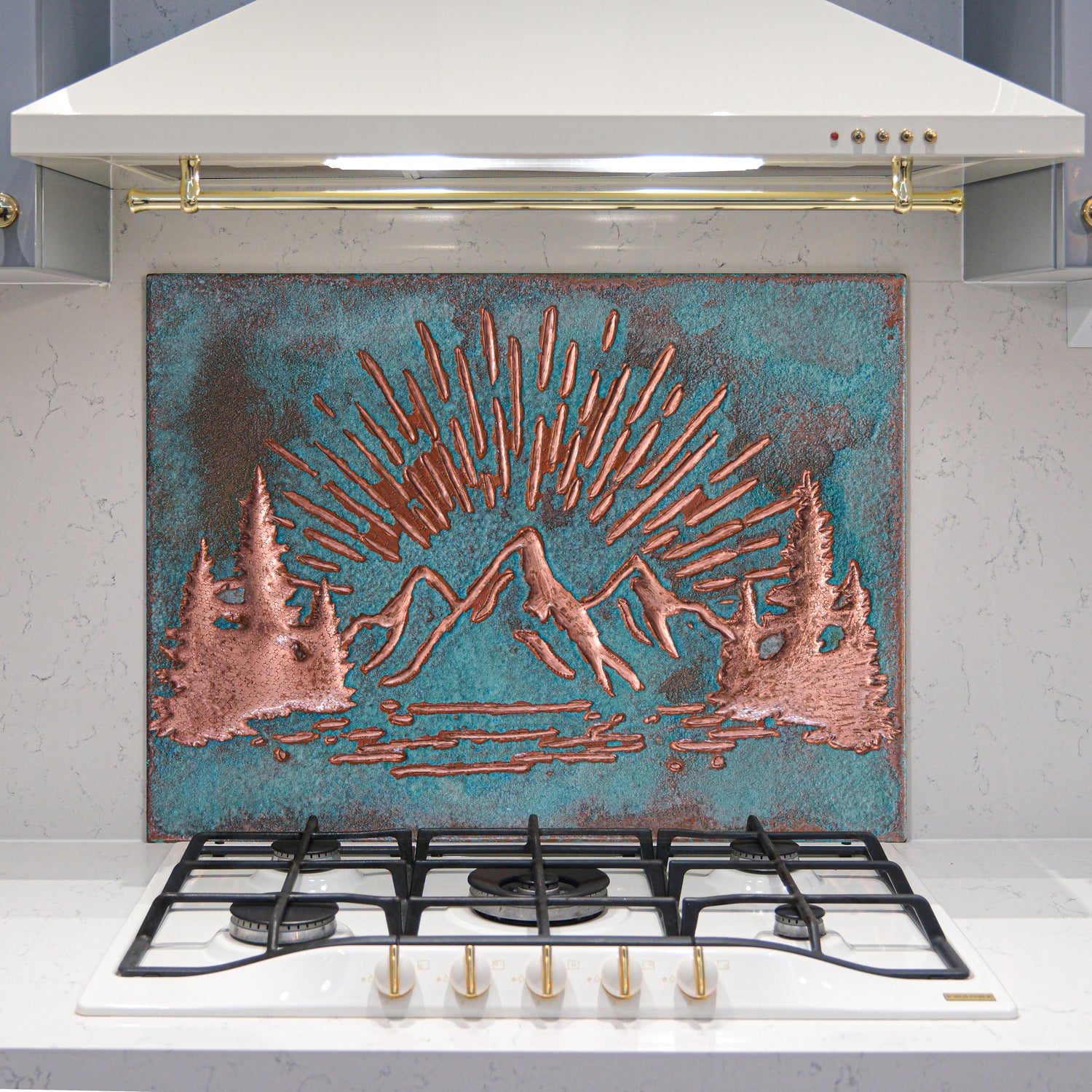 Mountain Retreat Kitchen Backsplash Tile - Copper Sunrise Scene - Green Patina - Natuross