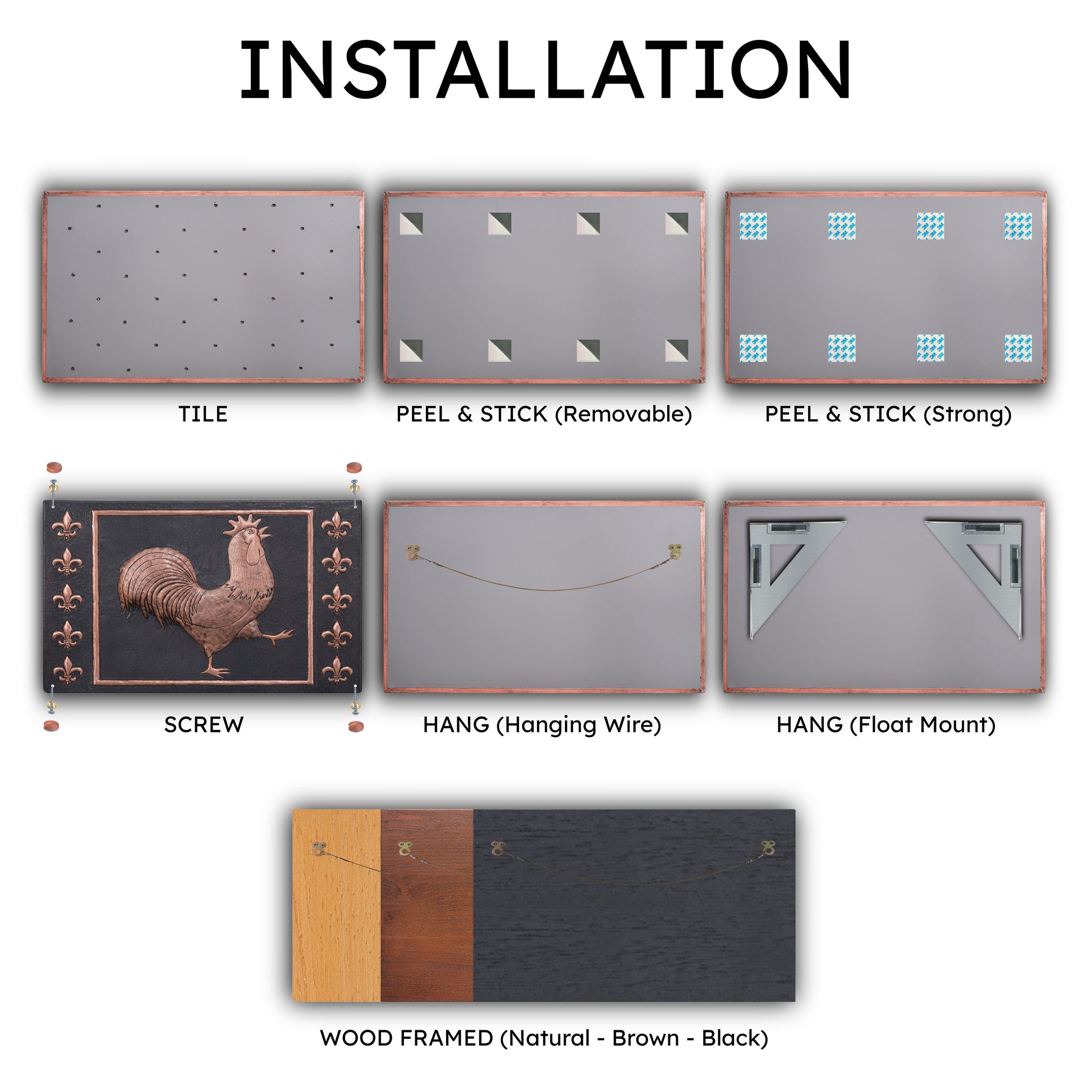 European Kitchen Backsplash Tile - Copper Rooster & Fleur De Lys - Black - Natuross