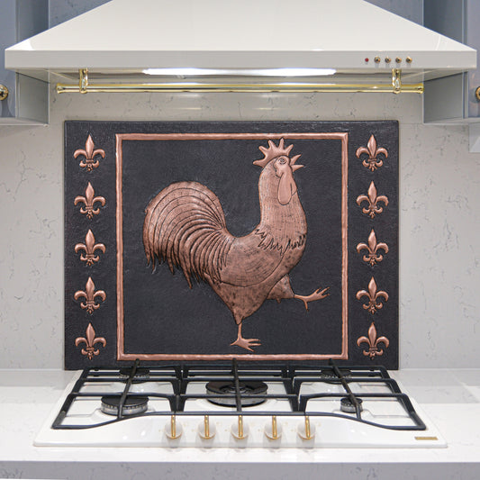 European Kitchen Backsplash Tile - Copper Rooster & Fleur De Lys - Black - Natuross